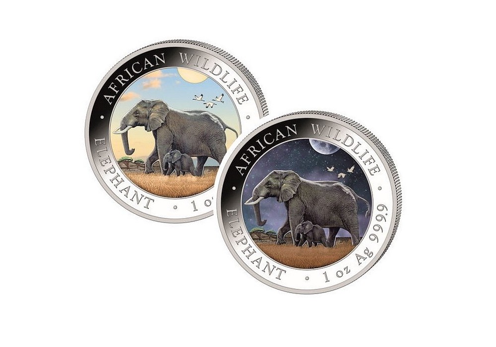 AFRICKÝ SLON DEN A NOC 2022 coin African Wildlife Somalia Elephant Day and Night – sada 2 stříbrných mincí (2×1 oz)