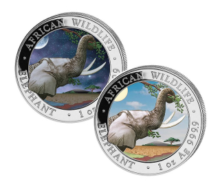 AFRICKÝ SLON DEN A NOC 2023 coin African Wildlife Somalia Elephant Day and Night – sada 2 stříbrných mincí (2×1 oz)