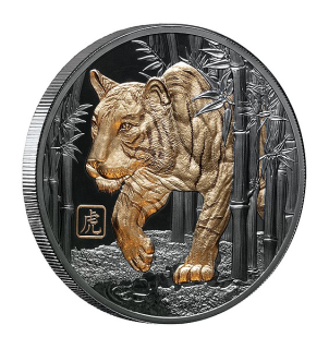 ROK TYGRA 2022 Lunární série coin Year of the Tiger Black Proof Gilded - 5 oz stříbrná mince pozlacená