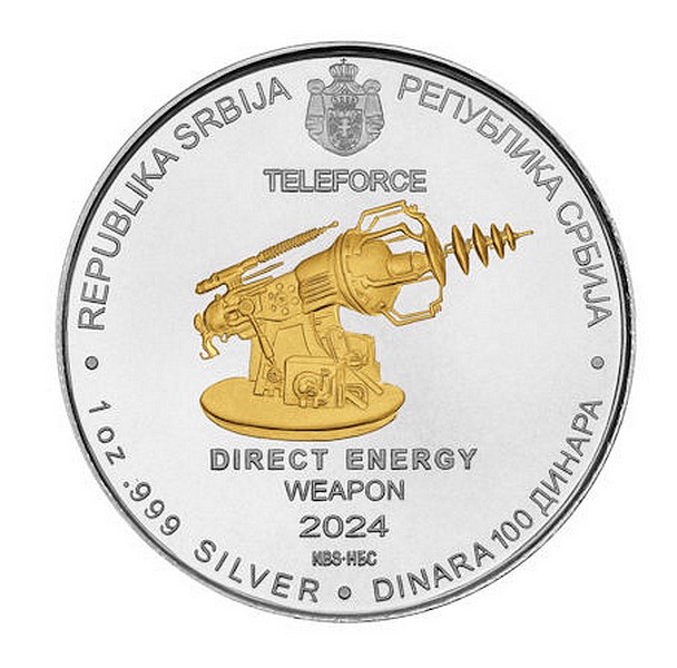 NIKOLA TESLA PŘÍMÁ ENERGETICKÁ ZBRAŇ Srbský vynálezce coin Direct Energy Weapon – 1 oz stříbrná mince pozlacená