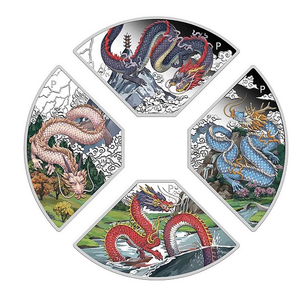 ROK DRAKA 2024 KVADRANT coin Year of the Dragon Quadrant – sada 4 stříbrných mincí (4×1 oz)