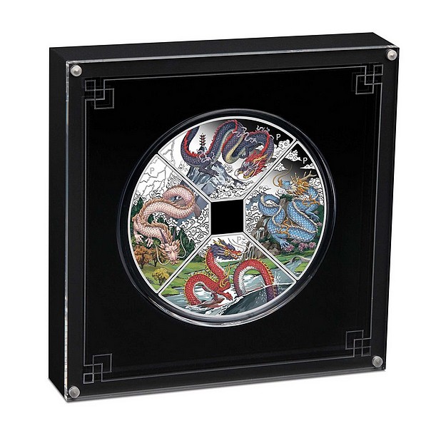 ROK DRAKA 2024 KVADRANT coin Year of the Dragon Quadrant – sada 4 stříbrných mincí (4×1 oz)
